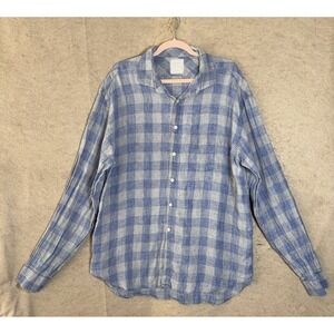 Billy Reid Linen Shirt Mens 2XL XXL Blue Gray Check Standard Cut Italy Made